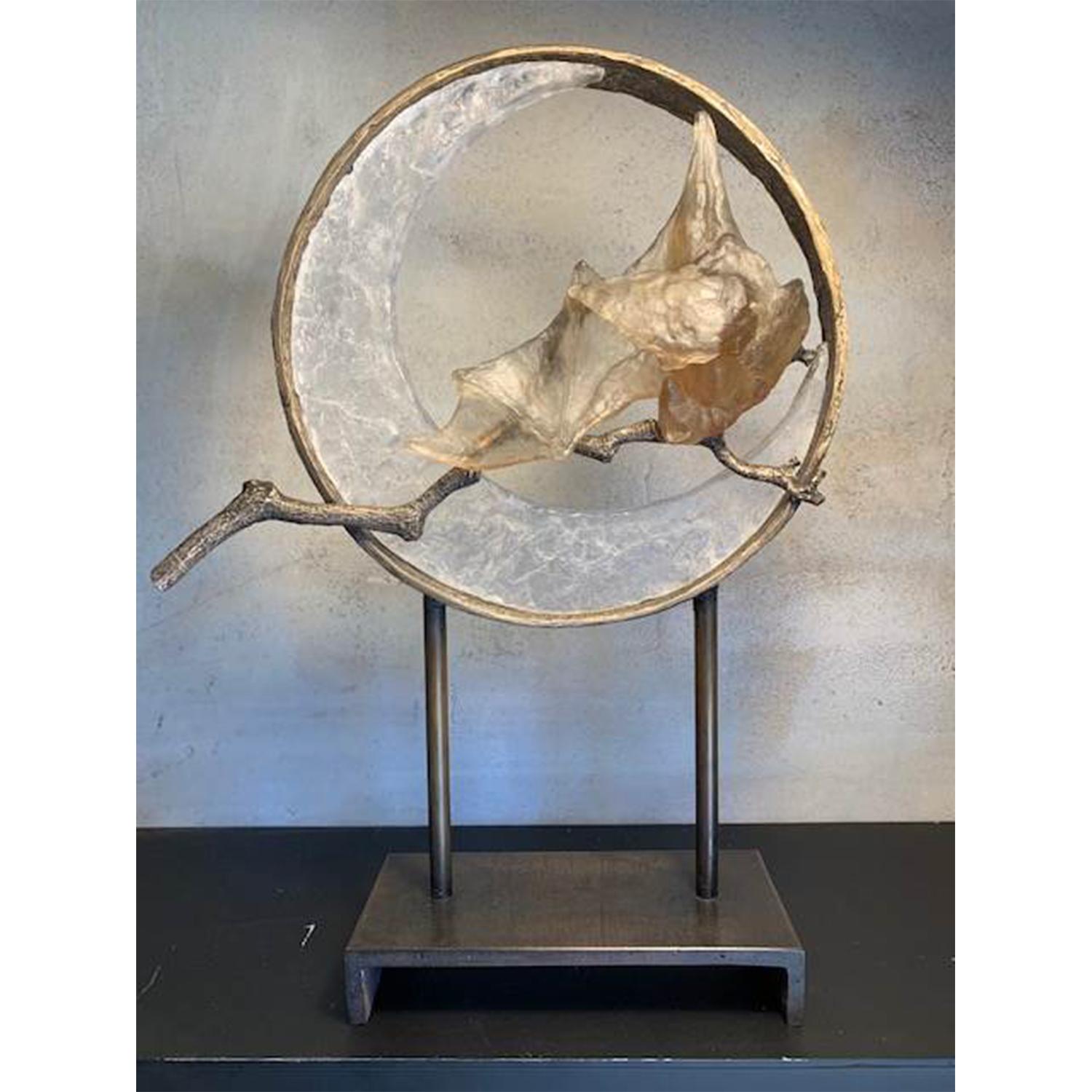 Copper Tritscheller Figurative Sculpture - Glass Bat on Branch with Glass Moon in Circle