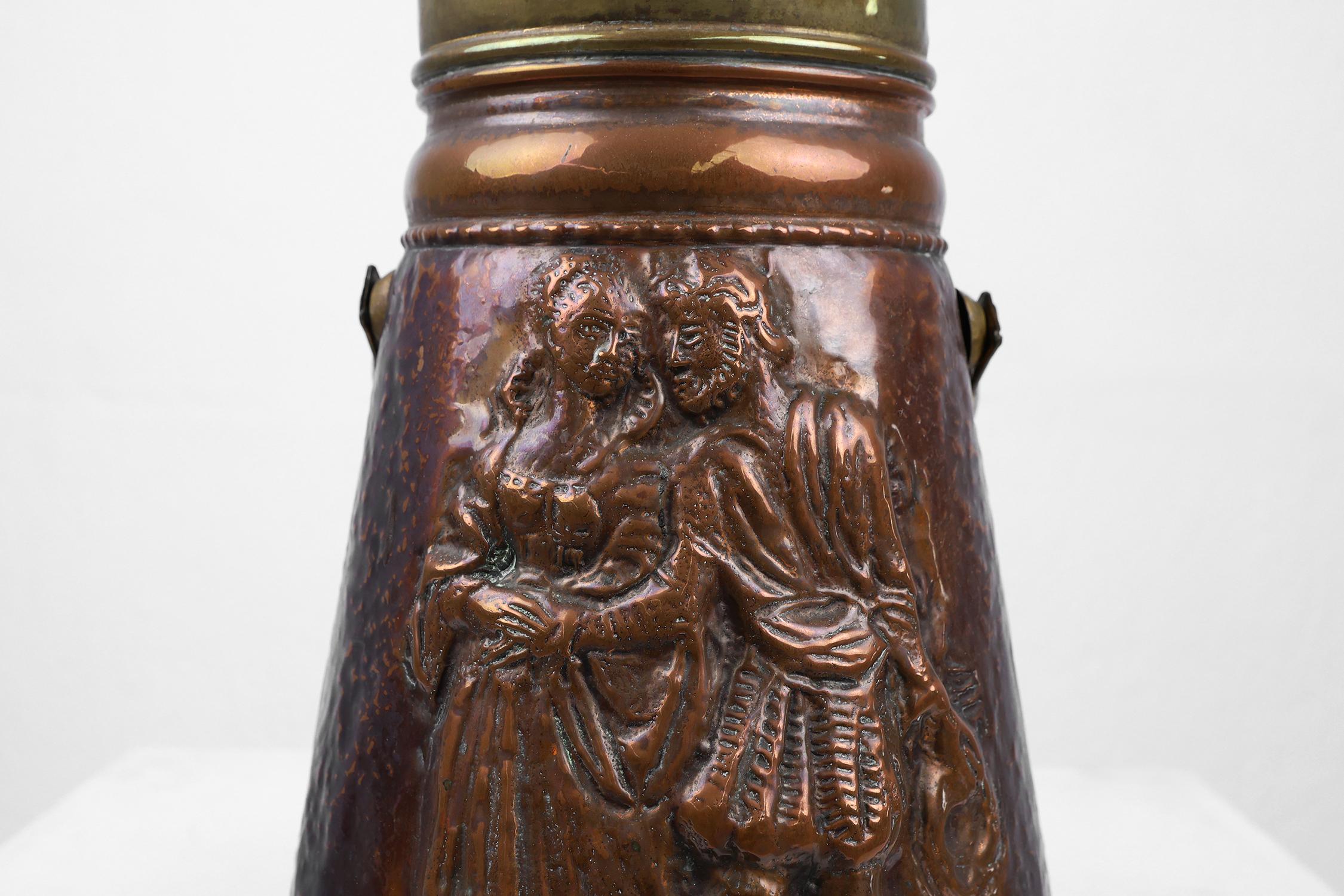 Rustic Copper umbrella stand with an embossed image medieval couple, France ca. 1900 For Sale