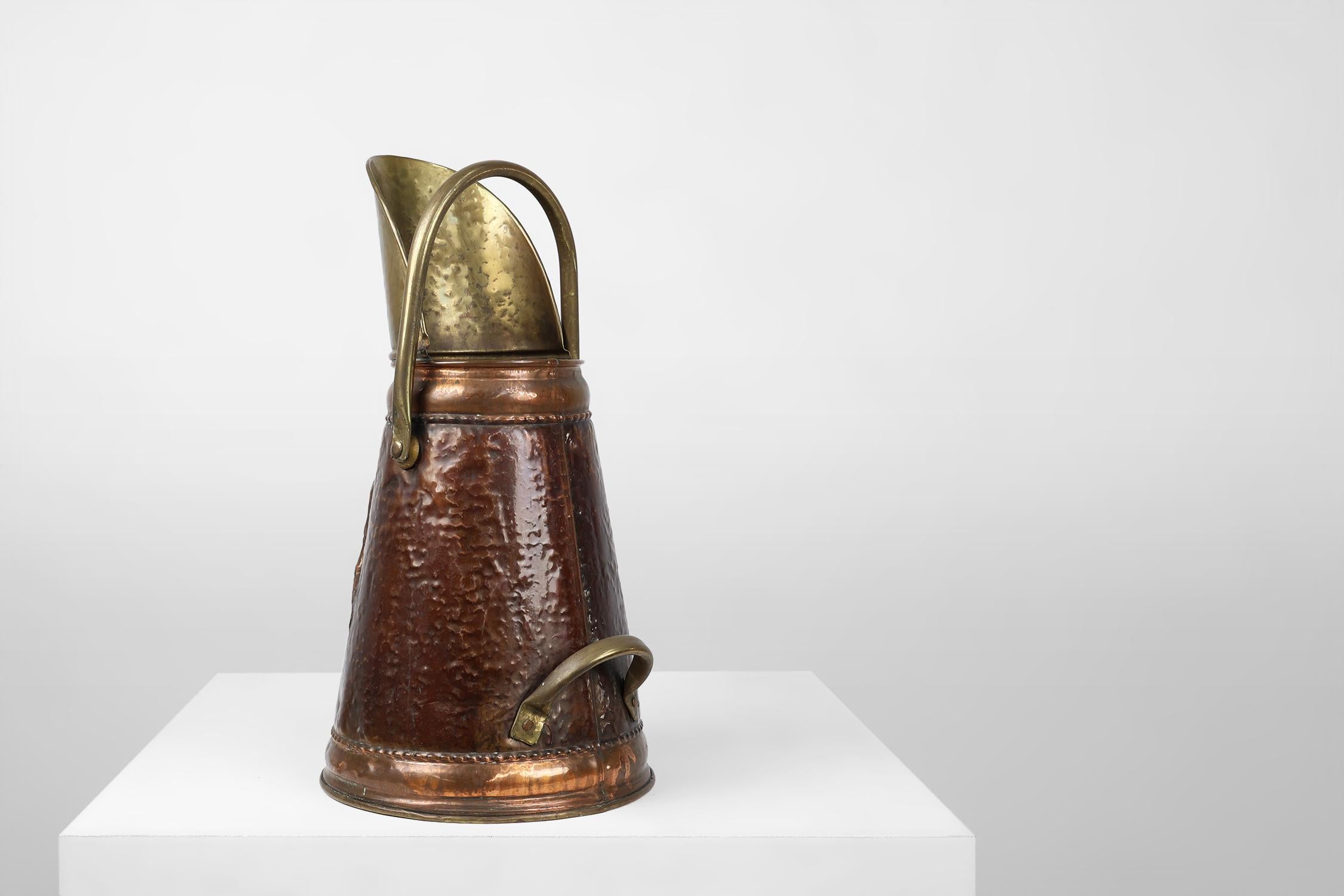 Embossed Copper umbrella stand with an embossed image medieval couple, France ca. 1900 For Sale