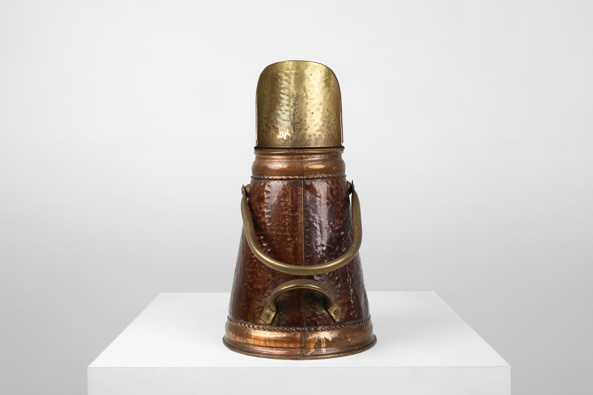 Copper umbrella stand with an embossed image medieval couple, France ca. 1900 For Sale 1