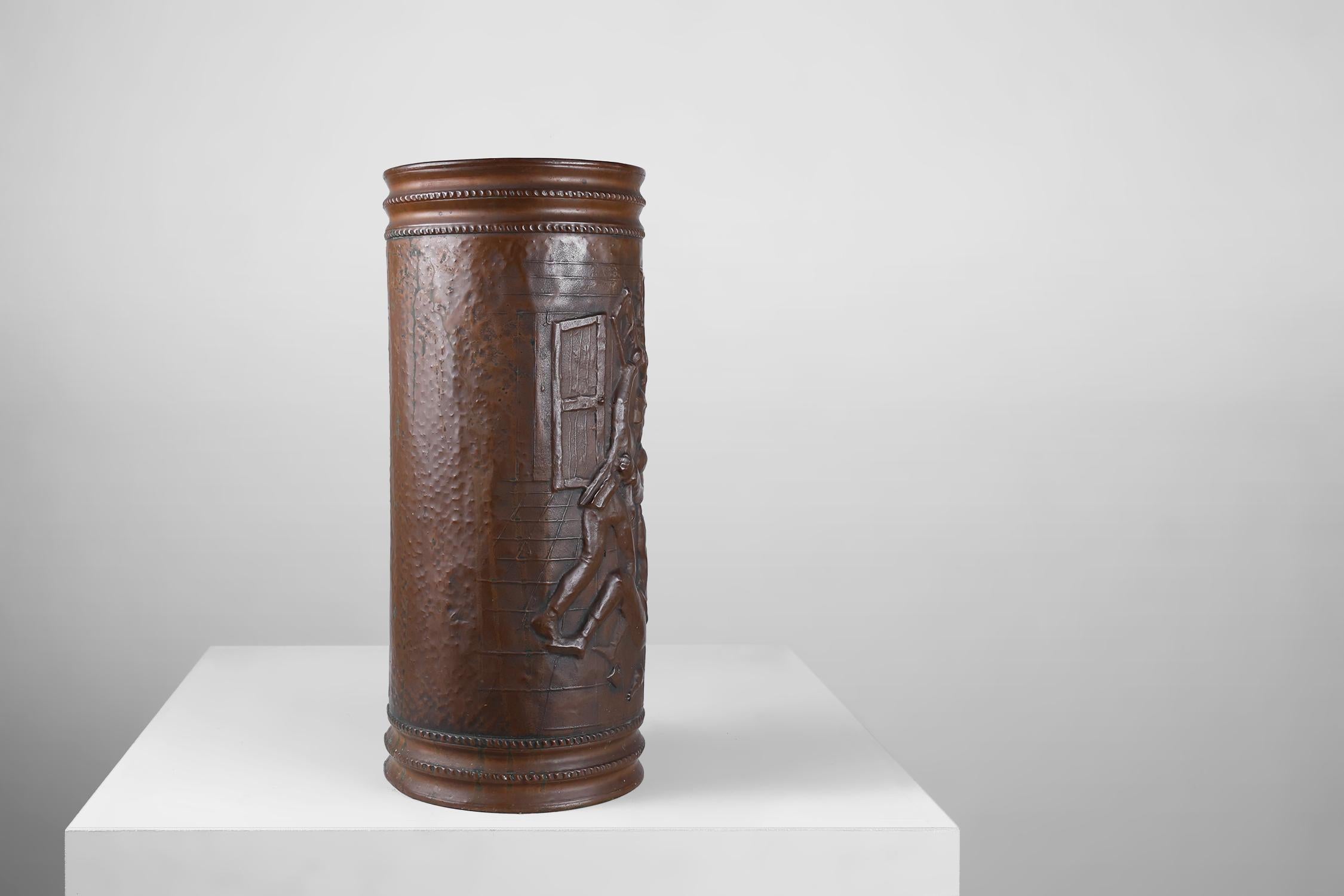 Copper umbrella stand with hammered relief of a medieval café, France ca. 1900 For Sale 4