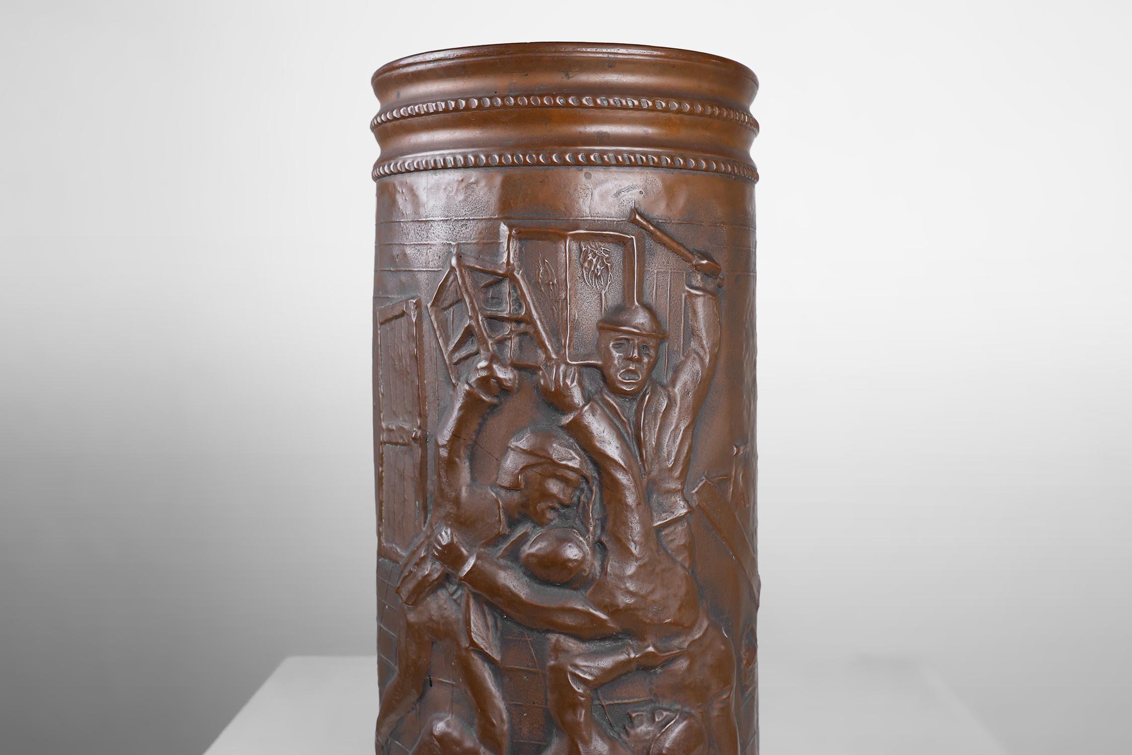 Rustic Copper umbrella stand with hammered relief of a medieval café, France ca. 1900 For Sale