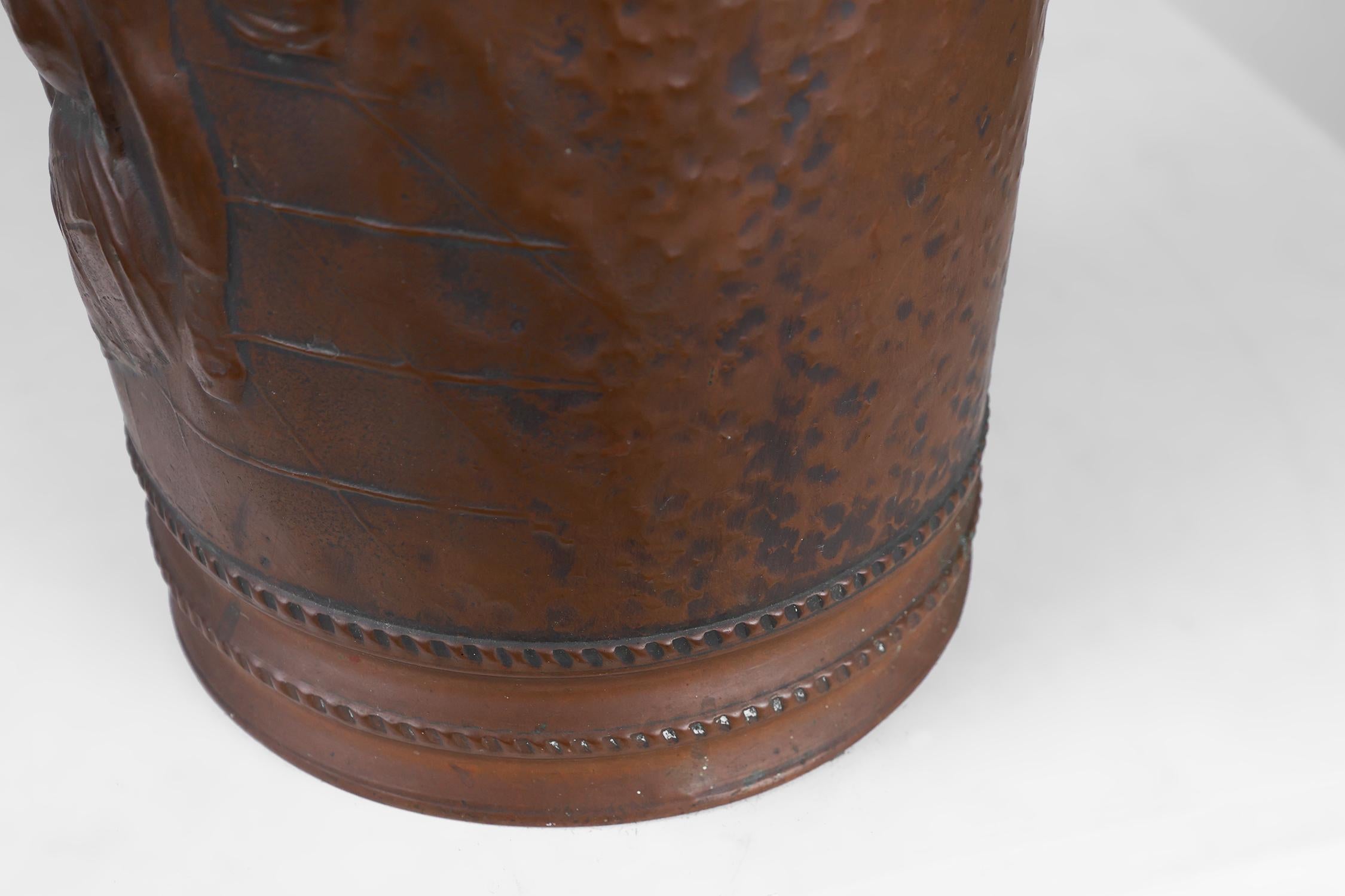 Early 20th Century Copper umbrella stand with hammered relief of a medieval café, France ca. 1900 For Sale