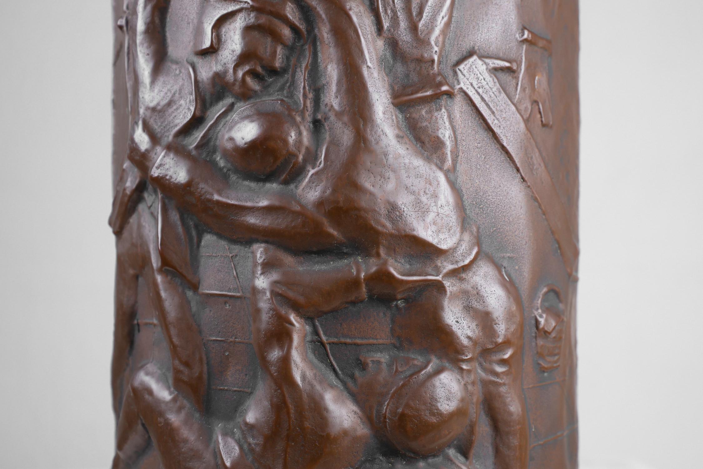 Copper umbrella stand with hammered relief of a medieval café, France ca. 1900 For Sale 1