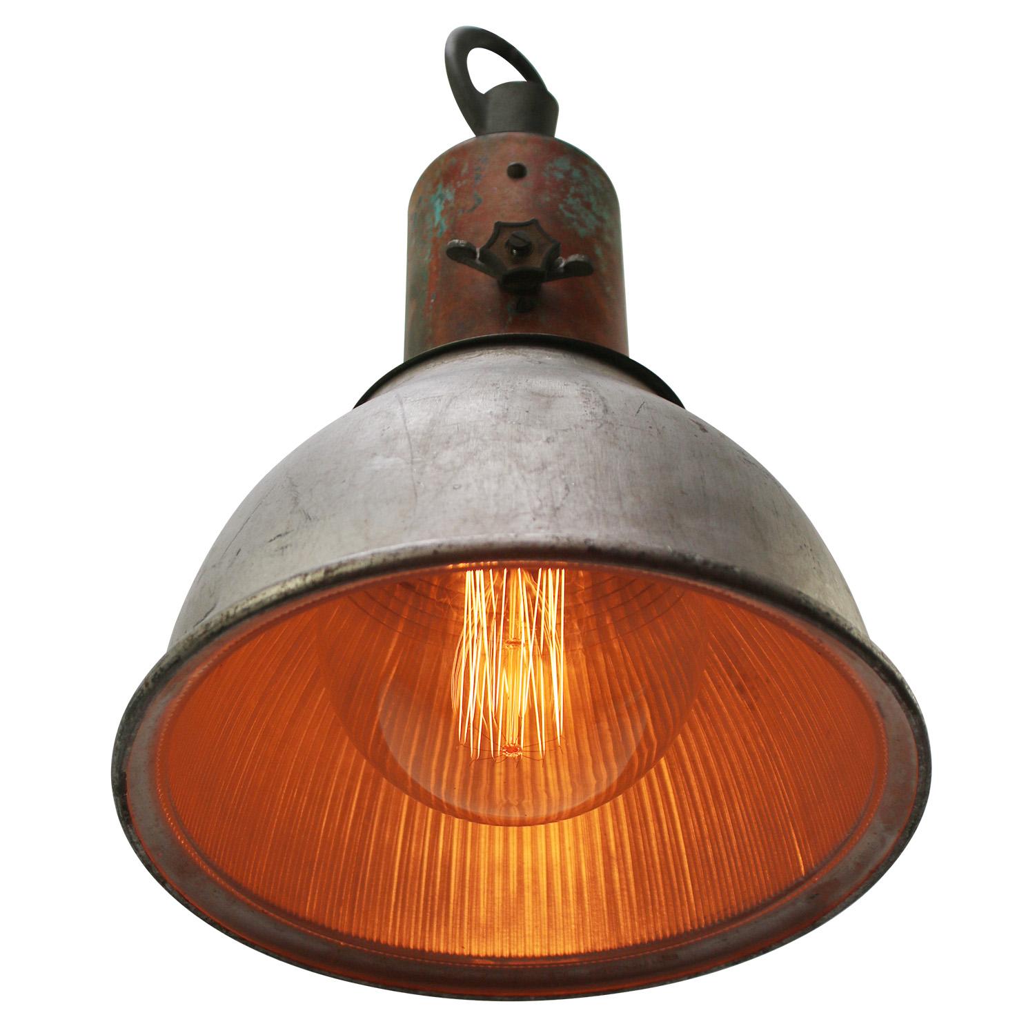 French Copper Vintage Industrial Clear Striped Glass Pendant Lamp by Holophane Paris For Sale