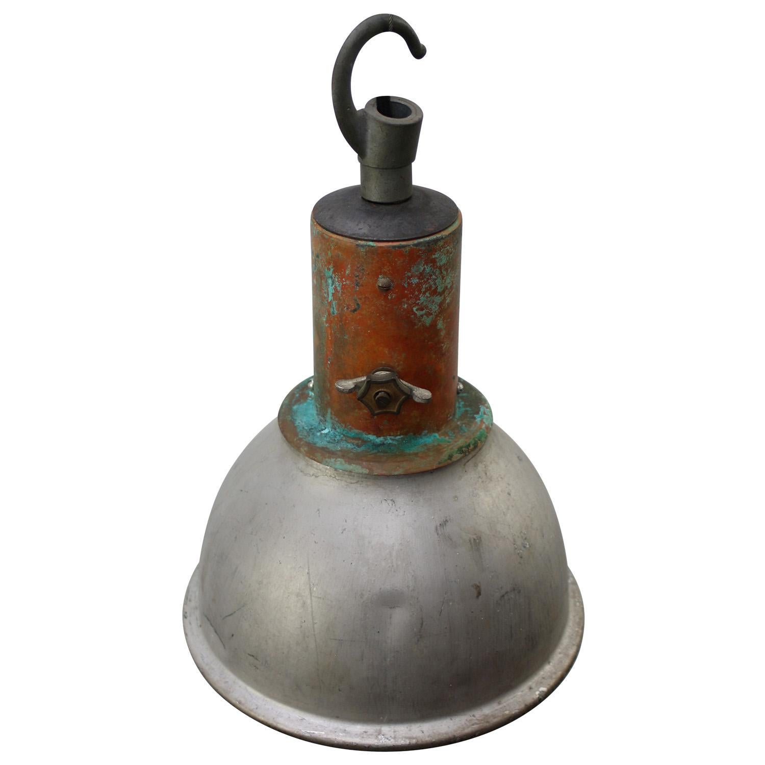 Copper Vintage Industrial Clear Striped Glass Pendant Lamp by Holophane Paris In Good Condition For Sale In Amsterdam, NL