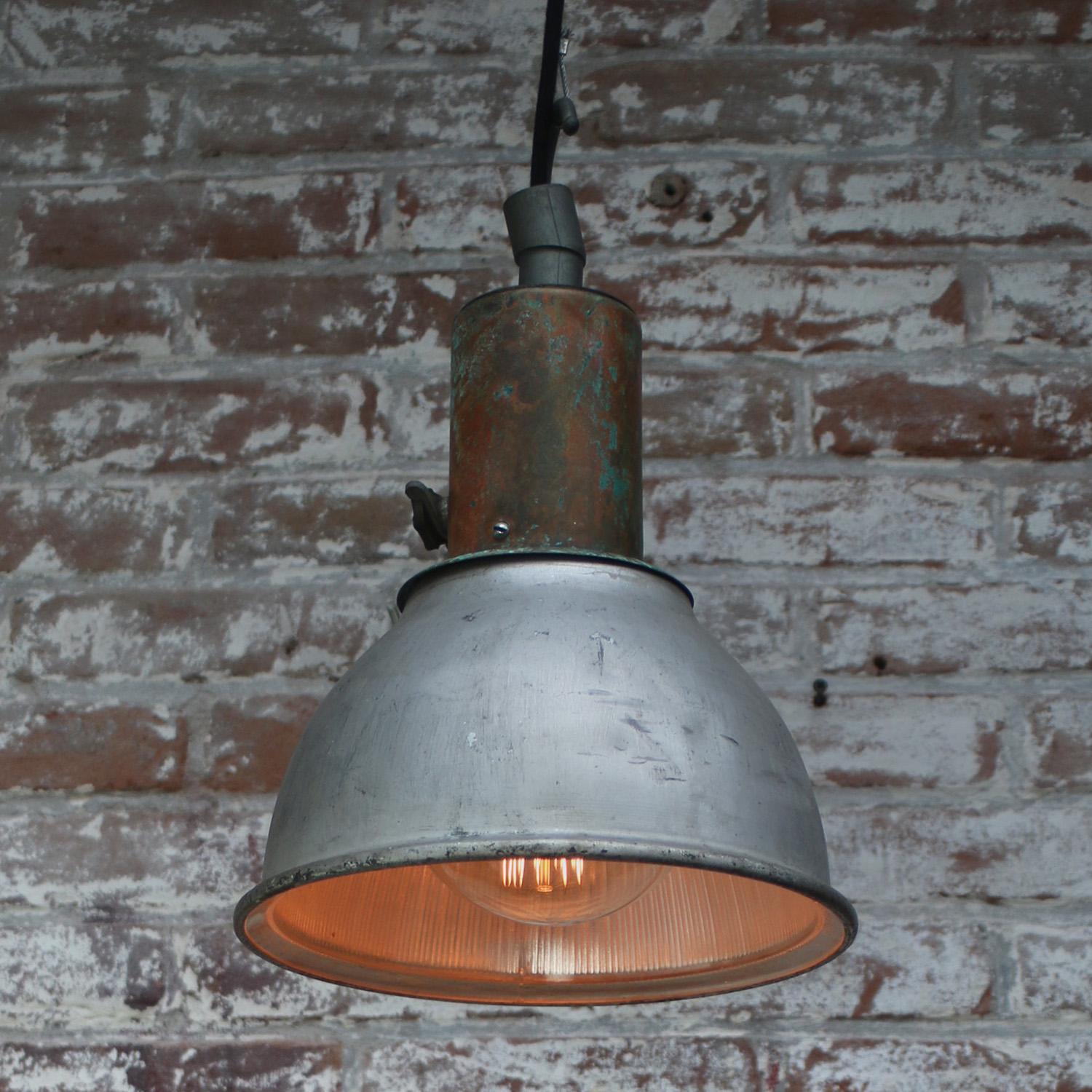 20th Century Copper Vintage Industrial Clear Striped Glass Pendant Lamp by Holophane Paris For Sale
