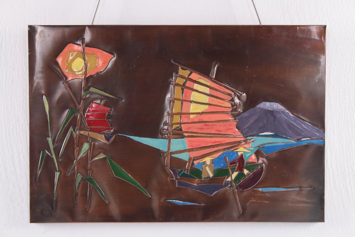 Copper Wall Decoration with Enamel Boats, 1960s

Additional information:
Dimensions: 61 W x 2 D x 41 H cm
Period of Time : 1960
Country of origin: Germany
Condition: Very good