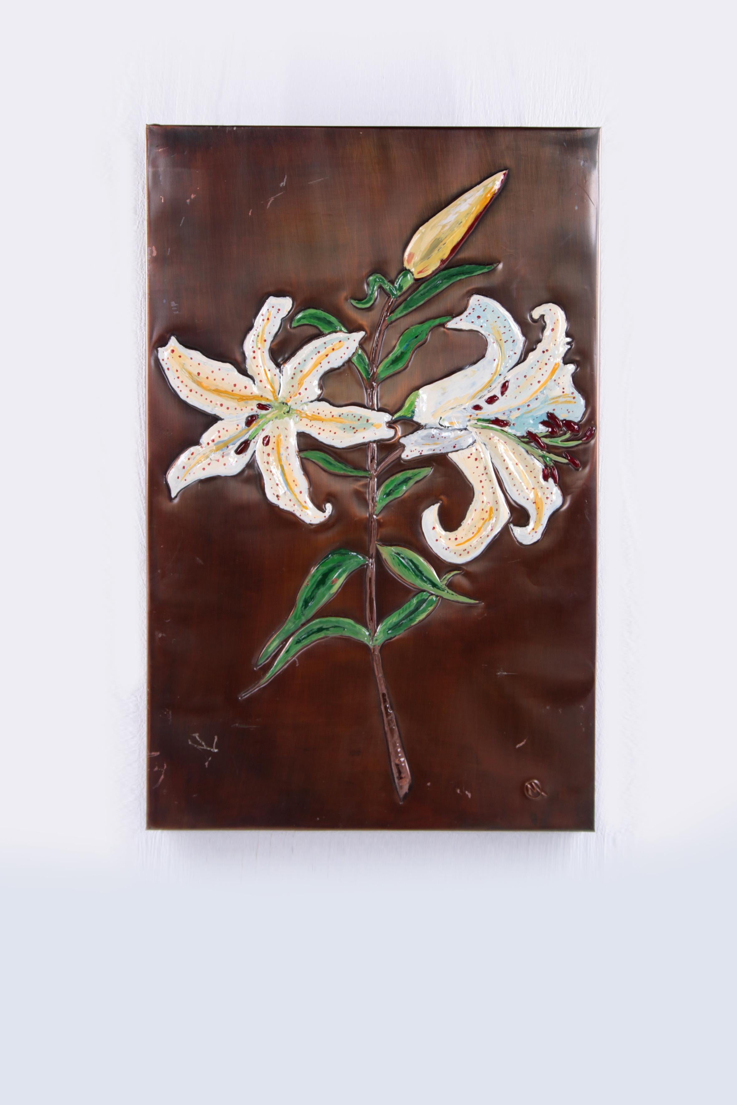 Copper Wall Decoration with Enamel Lilies, 1960s For Sale 5