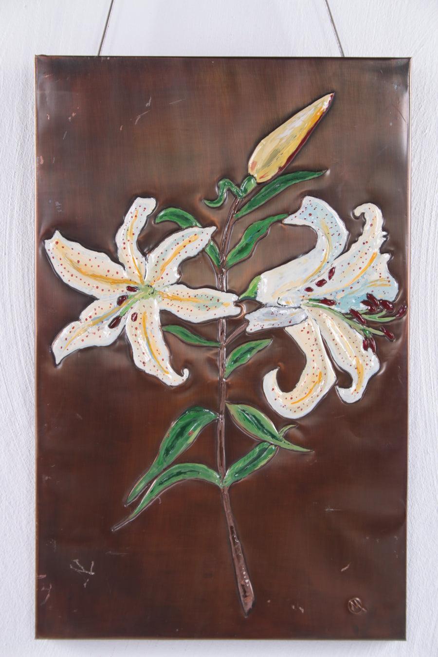 Copper Wall Decoration with Enamel Lilies, 1960s

Additional information:
Dimensions: 32 W x 2 D x 50 H cm
Period of Time : 1960
Country of origin: Germany
Condition: Very good