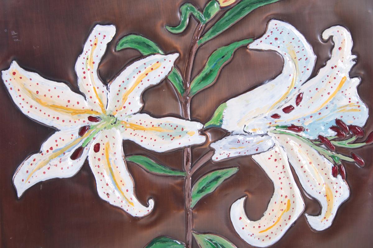 Mid-Century Modern Copper Wall Decoration with Enamel Lilies, 1960s For Sale