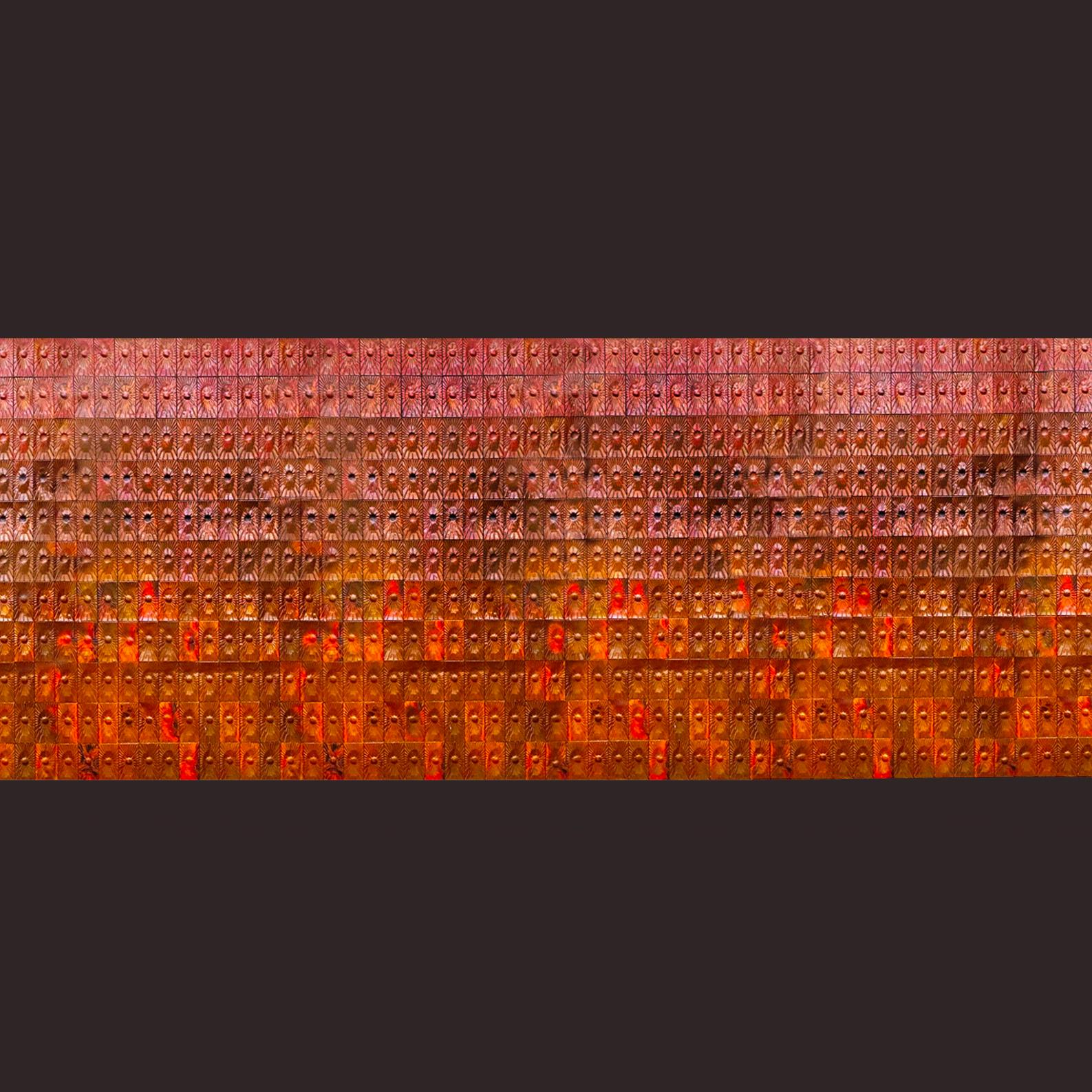 Striking copper wall cladding designed by Edit Oborzil and Tibor Jeney,

cca. 1968 for the Hotel Helikon - Balaton Keszthely, Hungary. 
Artistic rectangular copper wall tiles with an abstract sun motif in a concave, convex form or with a round