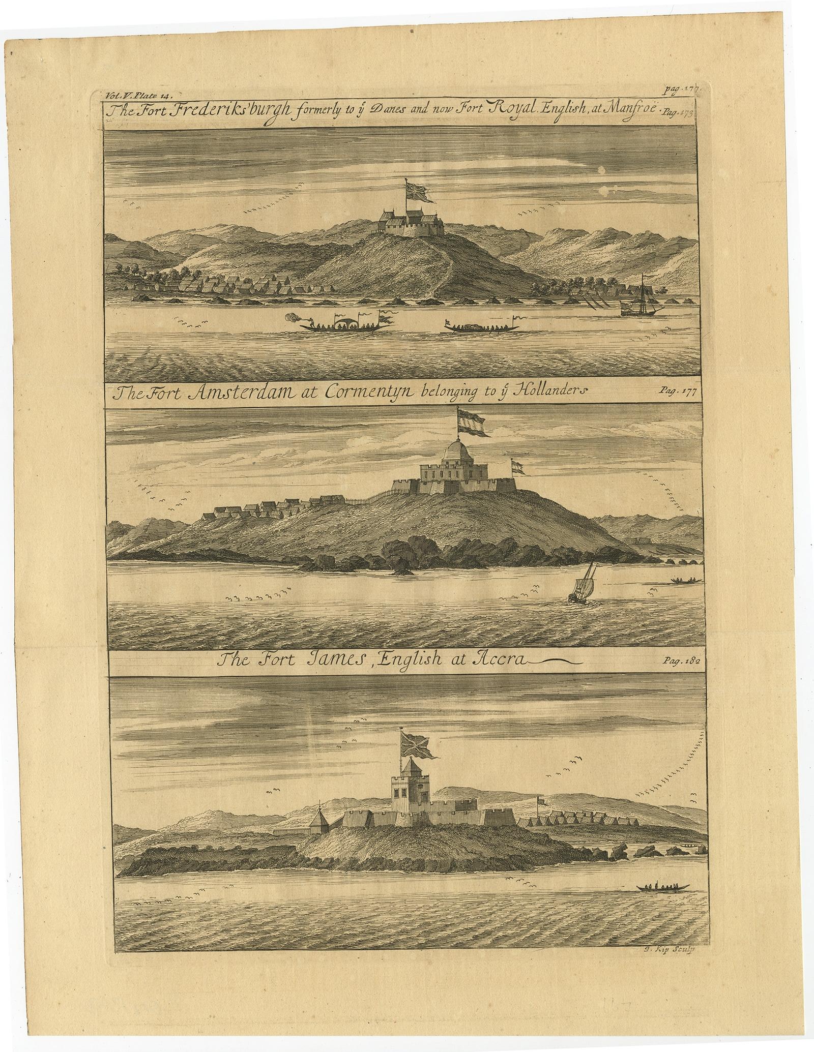 Antique print, titled: 'The Fort Fredricksburg formerly to ye Danes and now Fort Royal (…).' - A three panel copperplate engraving showing three forts on the West African Gold Coast, Ghana; a) The Fort Fredricksburgh formerly to ye Danes and now