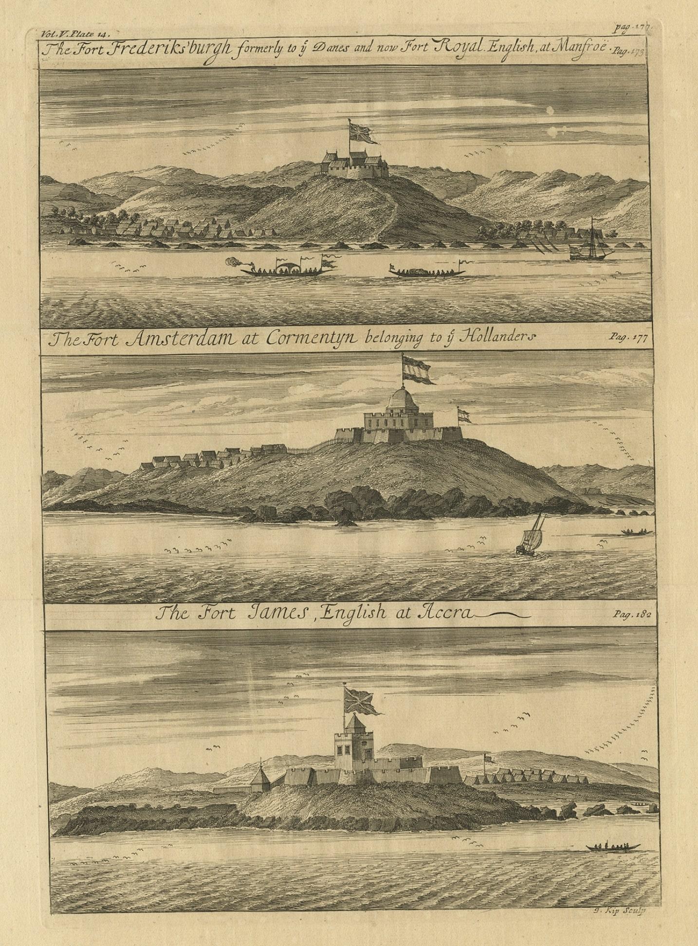 Copperplate Engraving Showing Forts on the West African Gold Coast, Ghana, 1744 In Good Condition For Sale In Langweer, NL