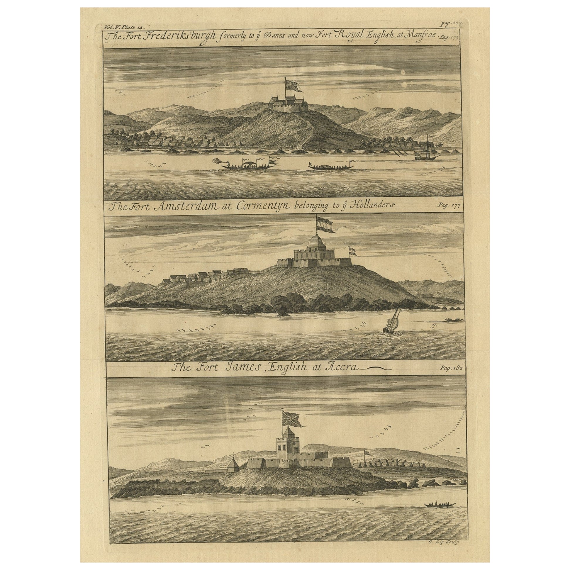 Gravure sur plaque de cuivre représentant des troupes sur la côte de l'or d'Afrique de l'Ouest, Ghana, 1744