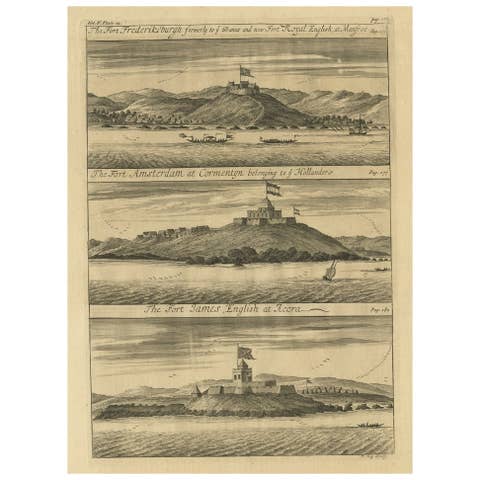 Copperplate Engraving Showing Forts on the West African Gold Coast, Ghana, 1744