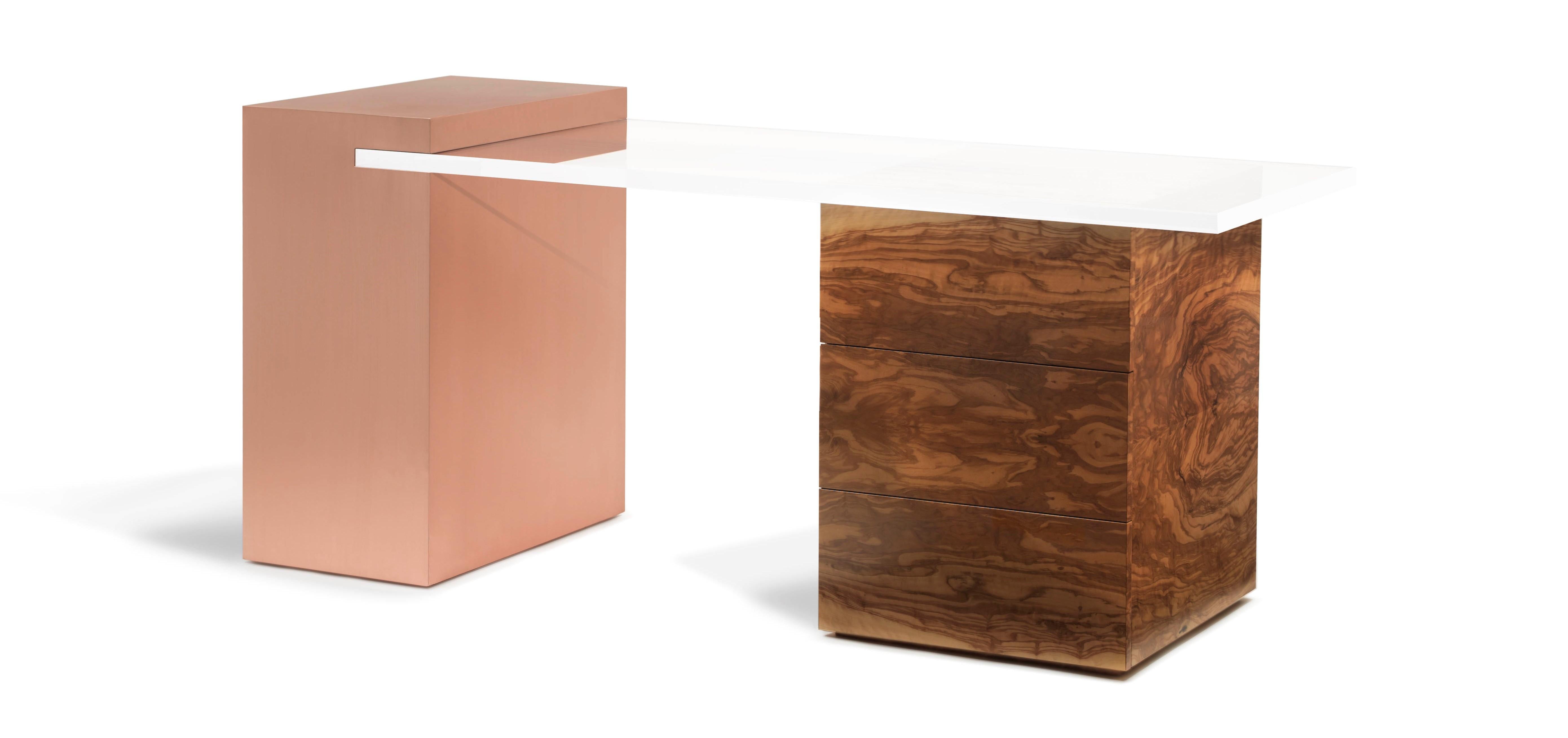 Minimalist Coppertone Desk / Secretaire in brushed copper, olive wood and tempered glass  For Sale