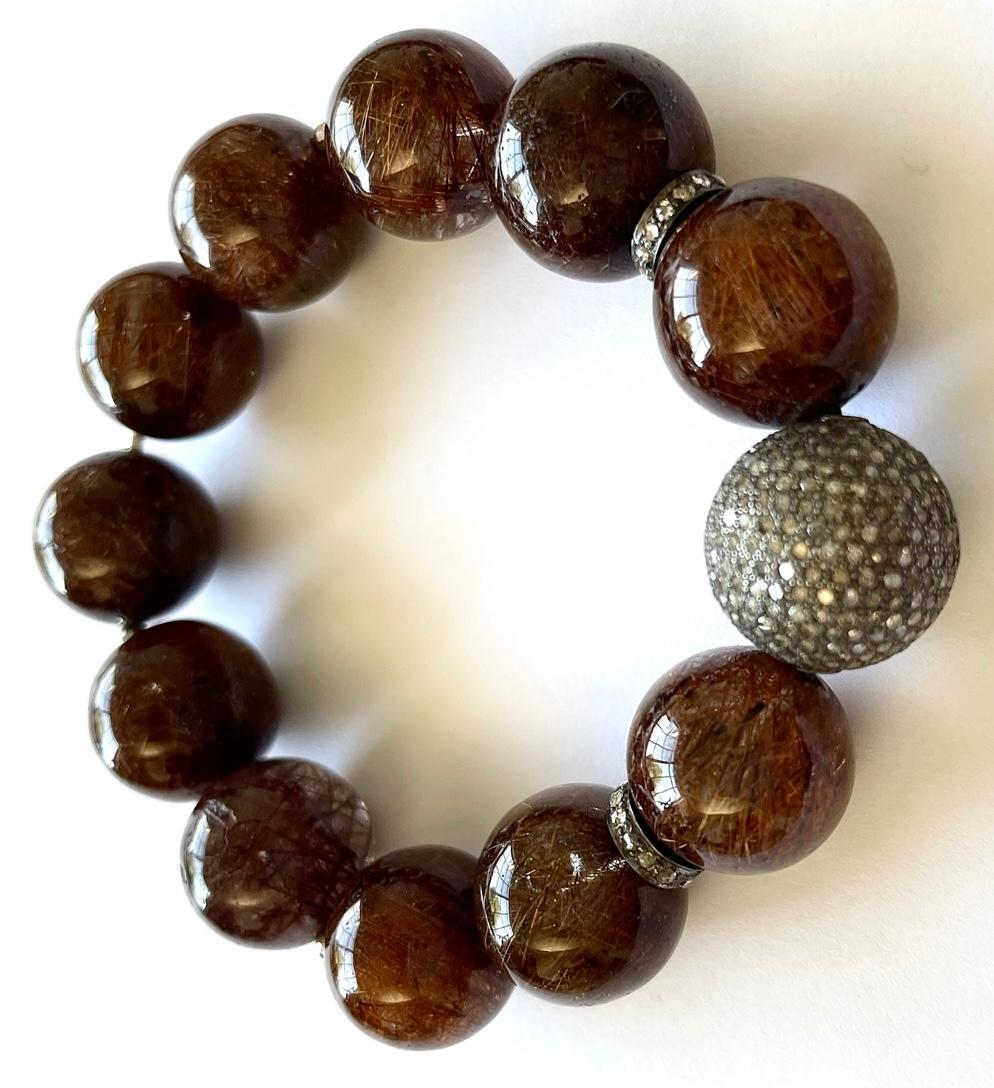 Round Cut Coppery Brown Rutilated Quartz 275 cts with Pave Diamond Ball Paradizia Bracelet For Sale