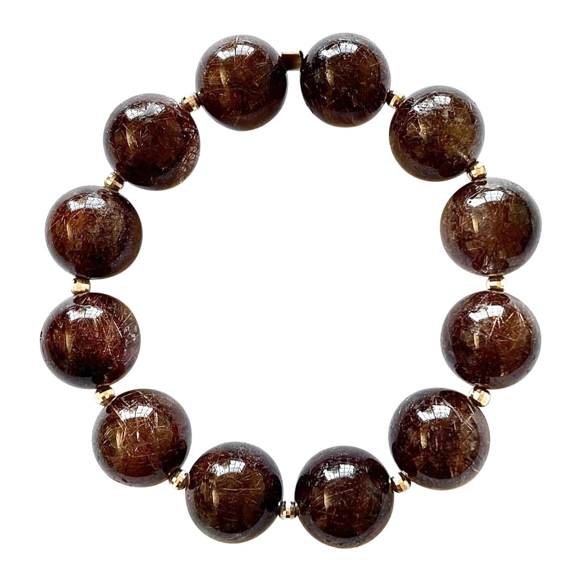 Pulsera Paradizia de Cuarzo Rutilado Marrón Cobrizo con Bolas de Oro Amarillo