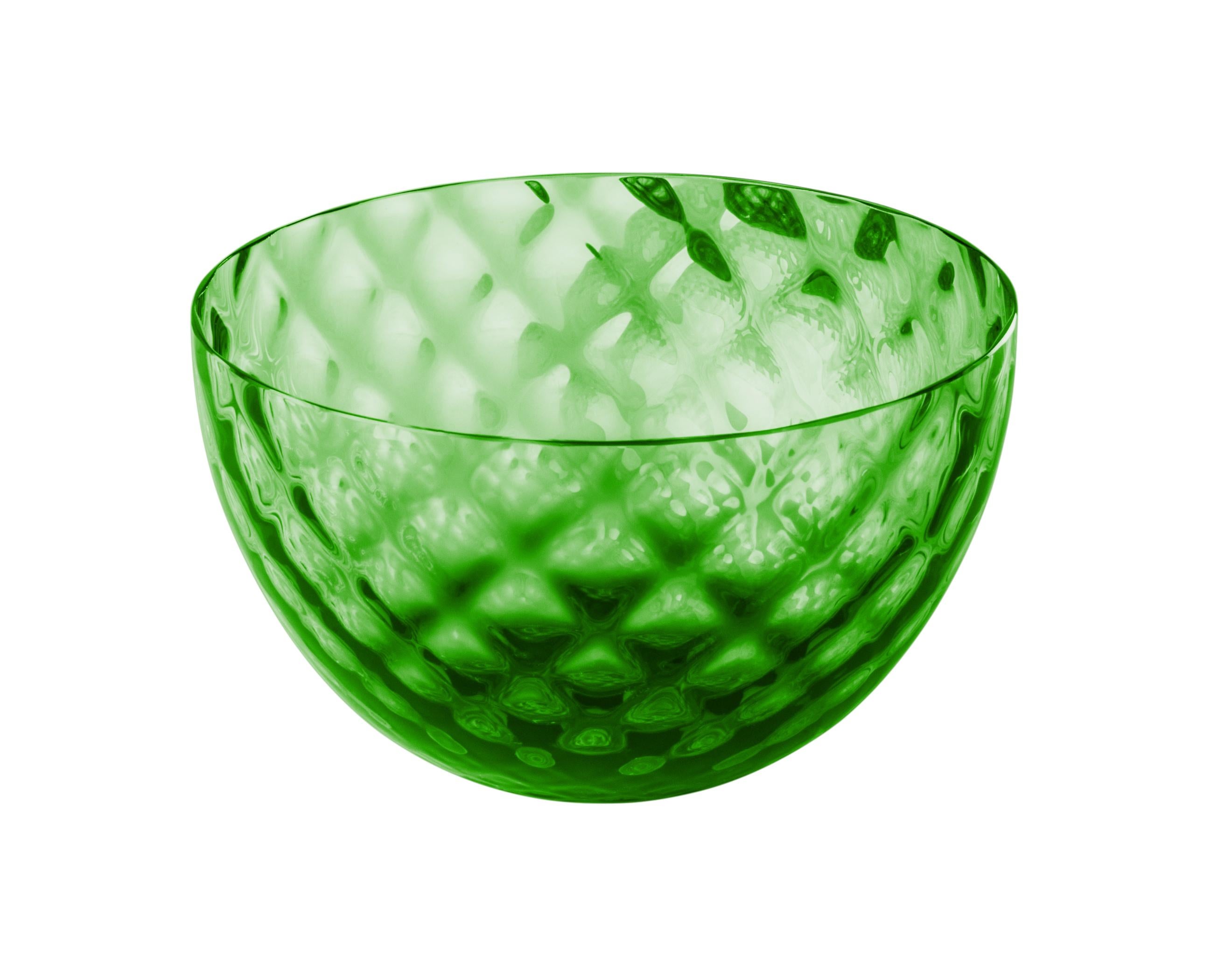 Venini glass bowl in green with geometric textured surface. Perfect for indoor home decor as container, vide-poche or statement piece for any room. Also available in other colors on 1stdibs.

Dimensions: 12 cm diameter x 7 cm height.