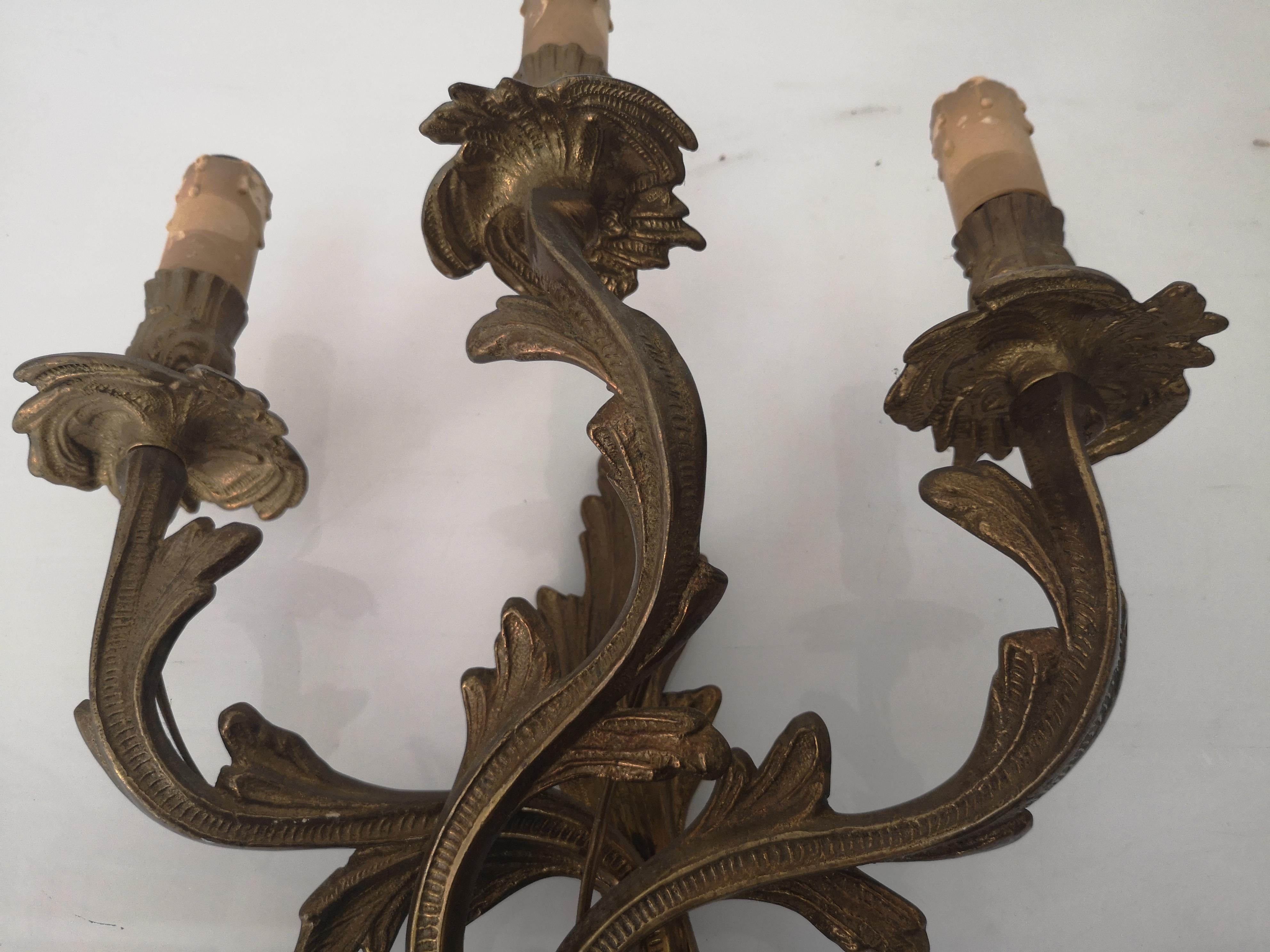 Pair of 3-light bronze wall sconces in Louis XV style 1940s For Sale 7