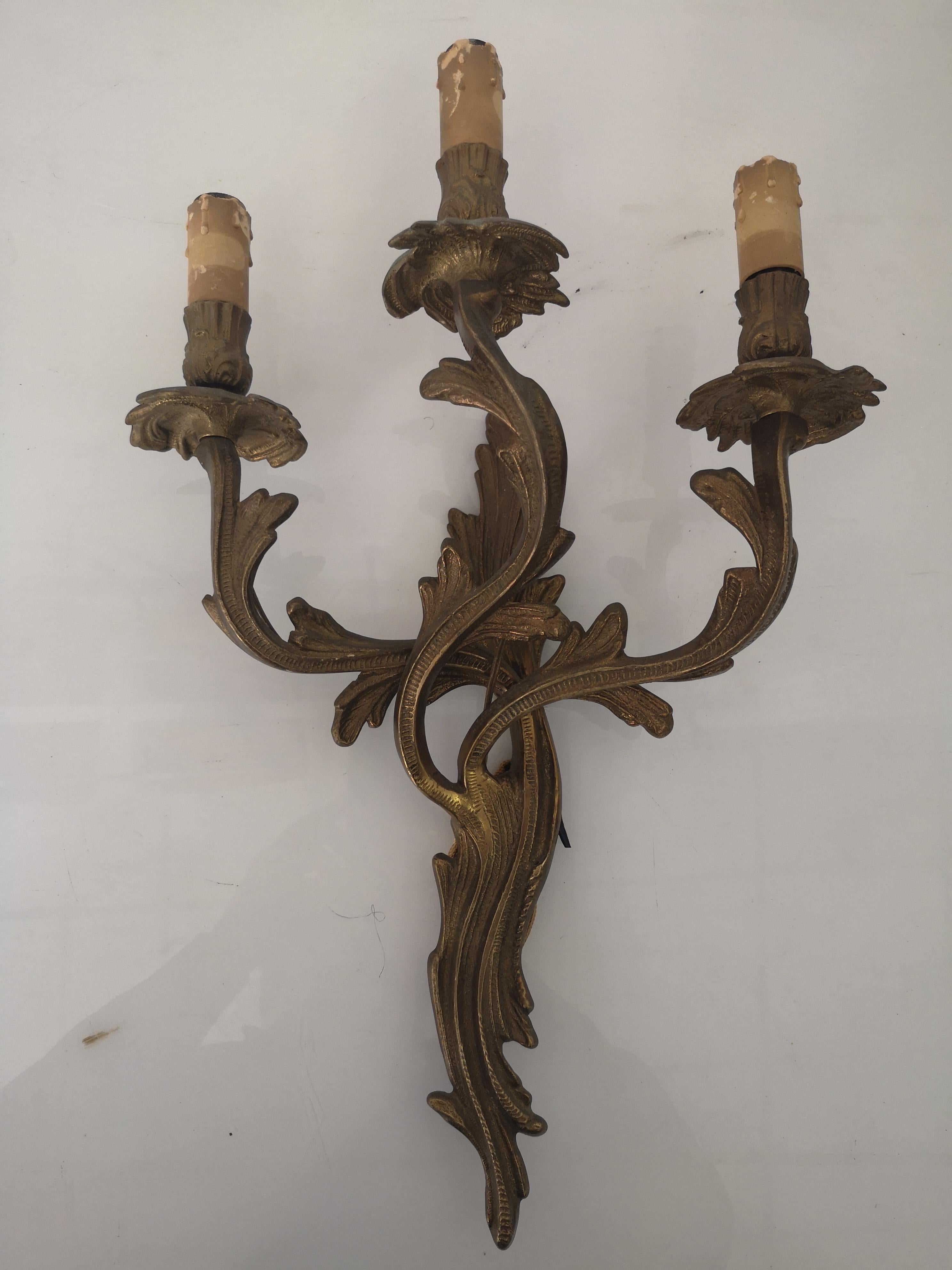Mid-20th Century Pair of 3-light bronze wall sconces in Louis XV style 1940s For Sale