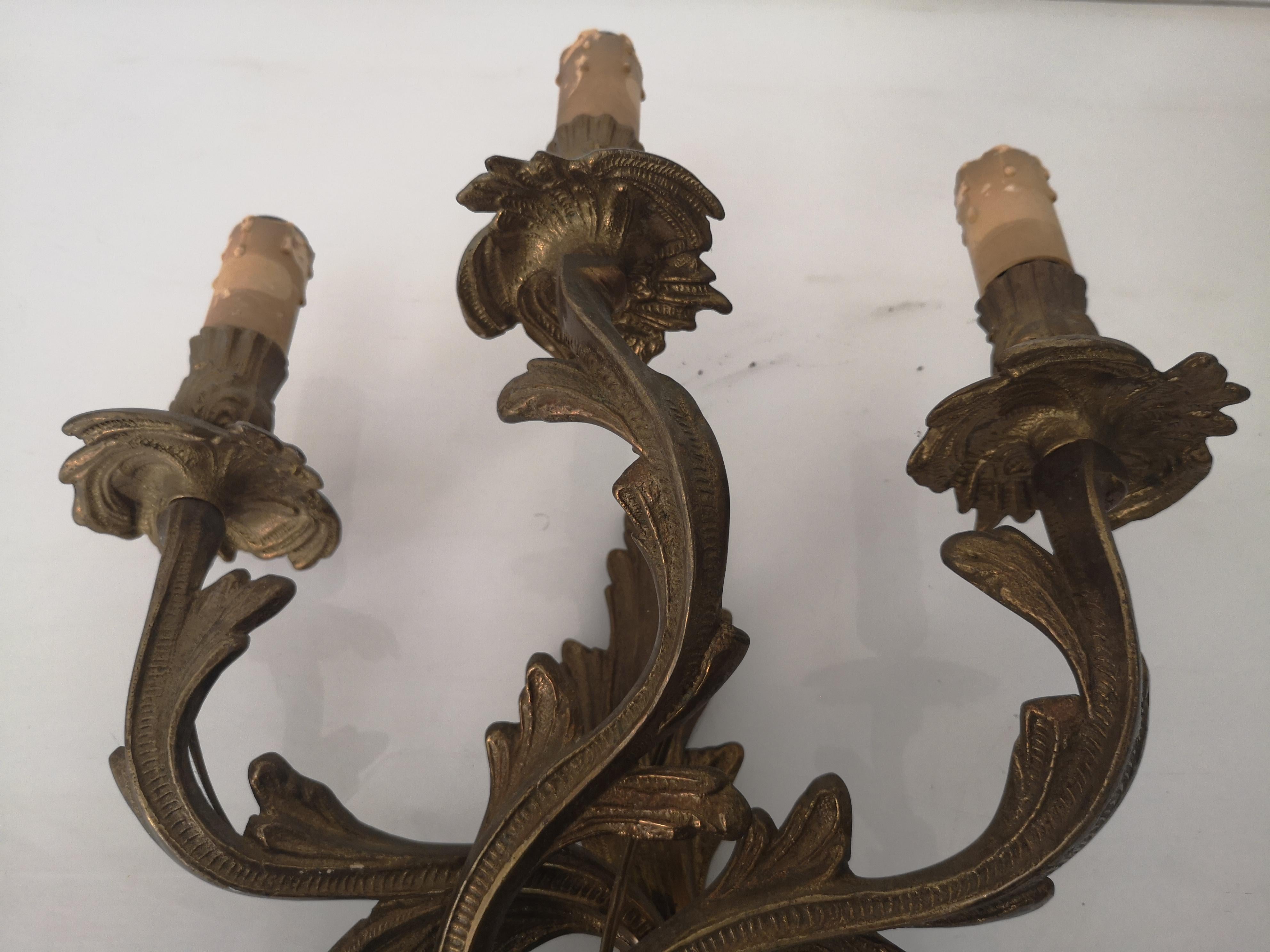 Pair of 3-light bronze wall sconces in Louis XV style 1940s For Sale 1