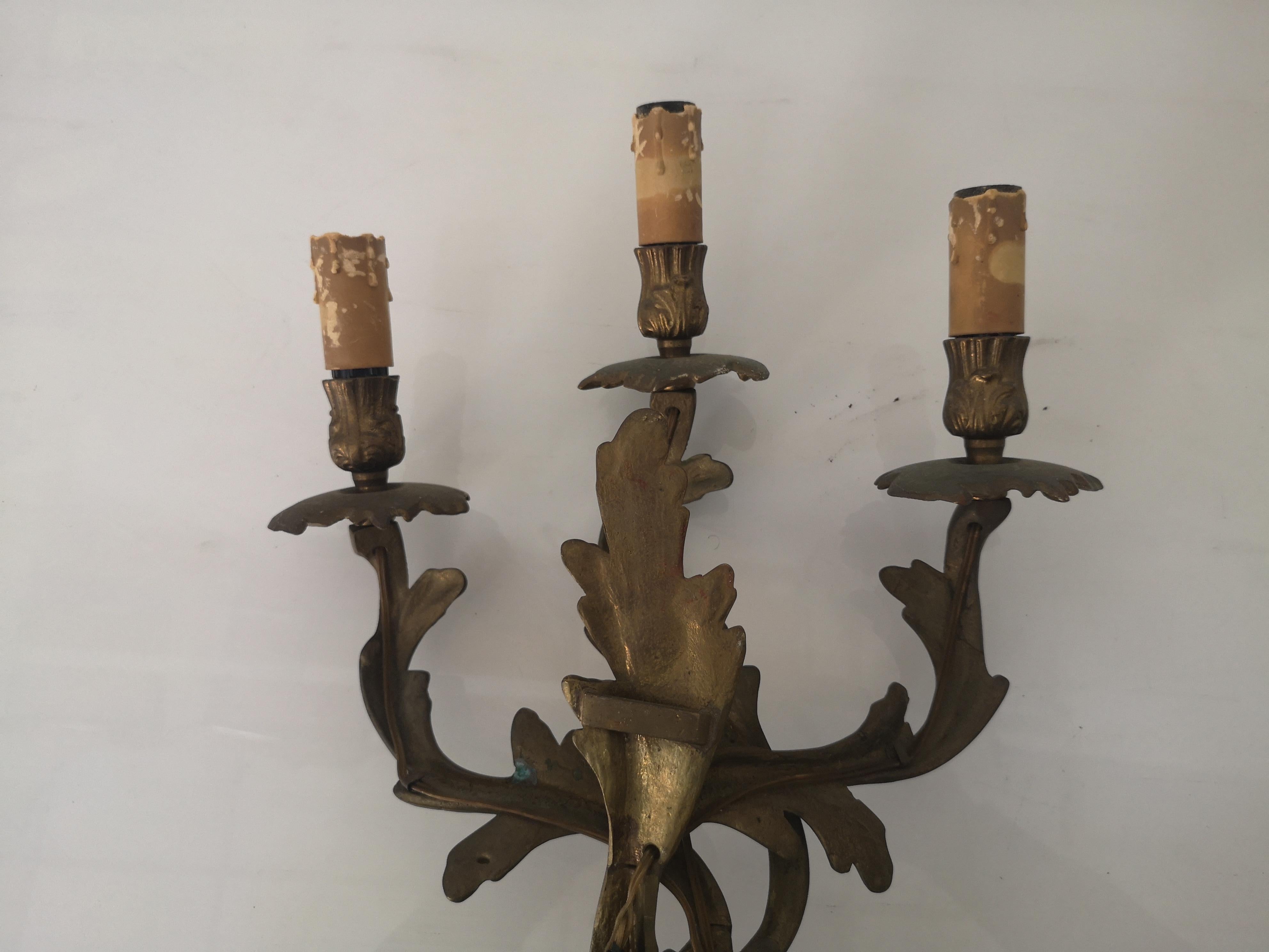 Pair of 3-light bronze wall sconces in Louis XV style 1940s For Sale 3