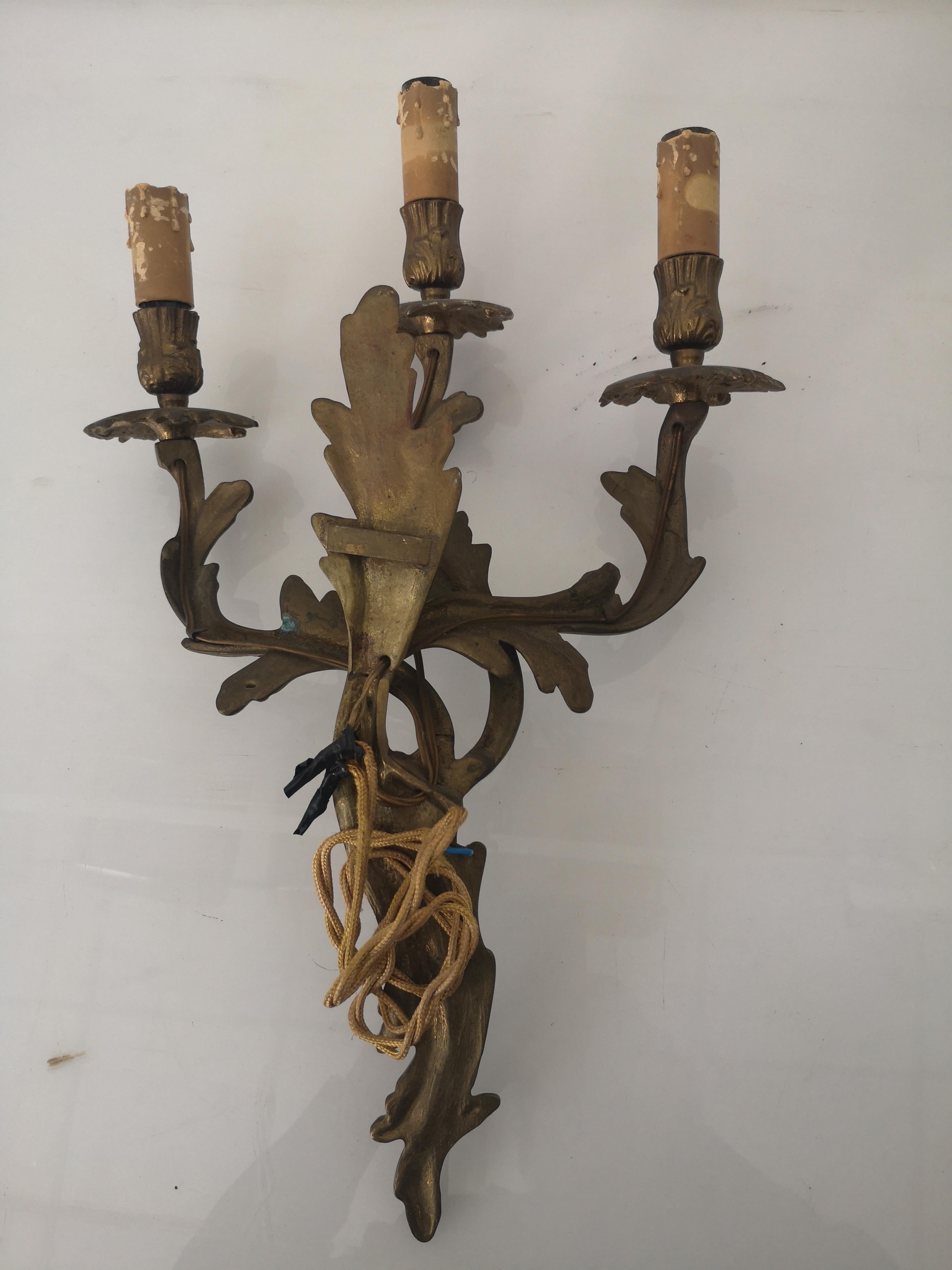 Pair of 3-light bronze wall sconces in Louis XV style 1940s For Sale 4