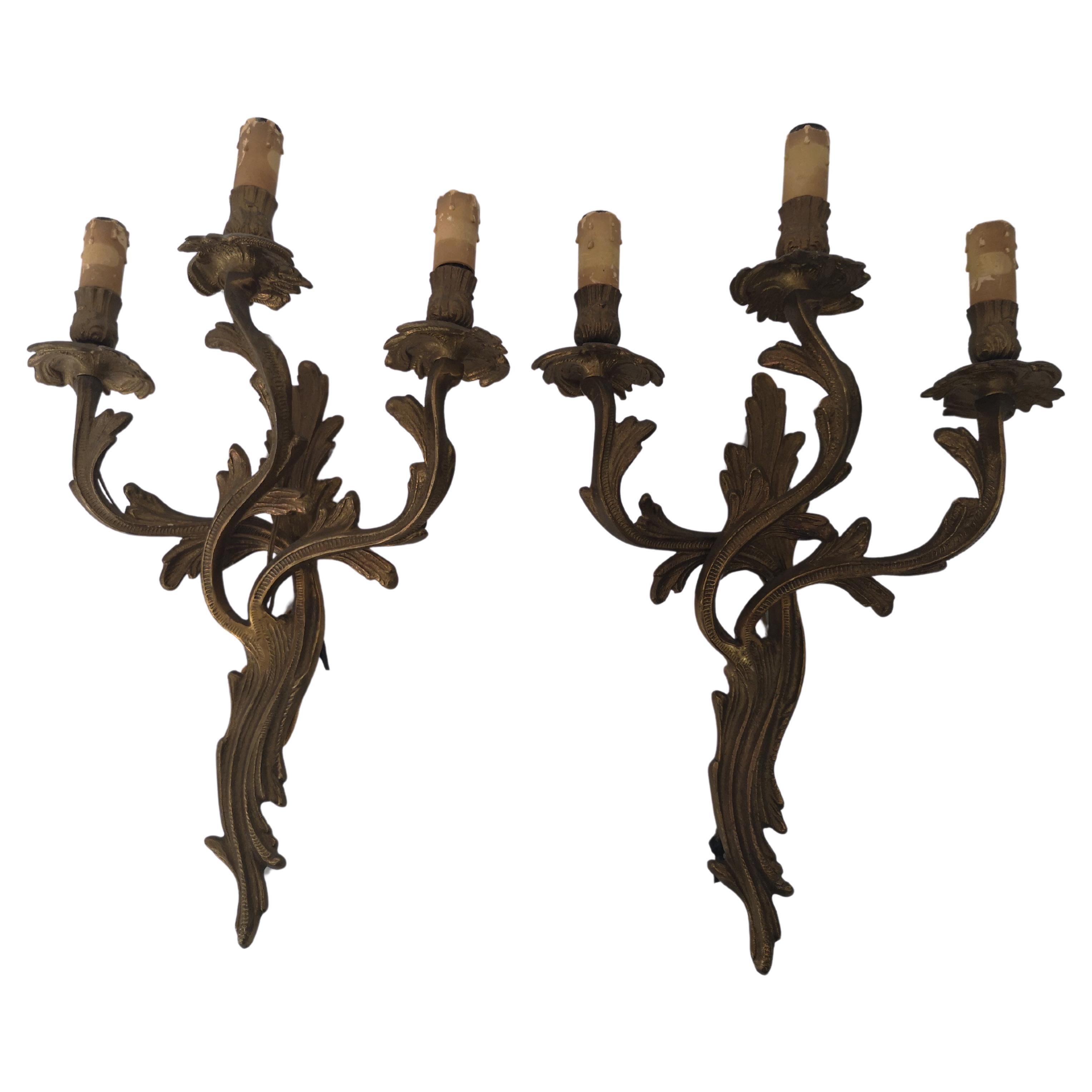 Pair of 3-light bronze wall sconces in Louis XV style 1940s For Sale