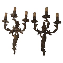 Pair of 3-light bronze wall sconces in Louis XV style 1940s