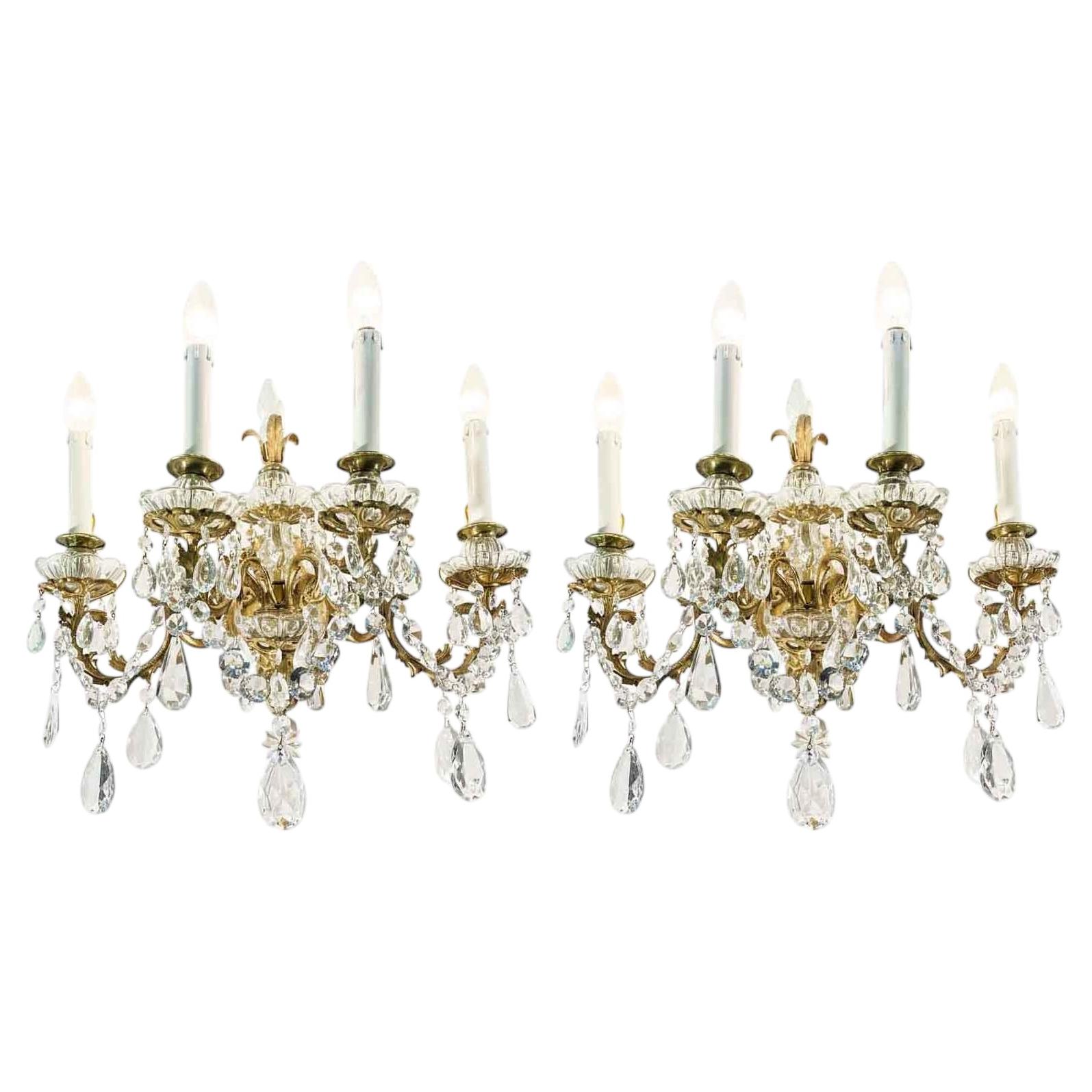 Pair of Antique Italian Rococo Crystal and Bronze Appliques 1920 Four Lights