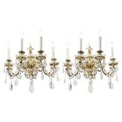 Pair of Antique Italian Rococo Crystal and Bronze Appliques 1920 Four Lights
