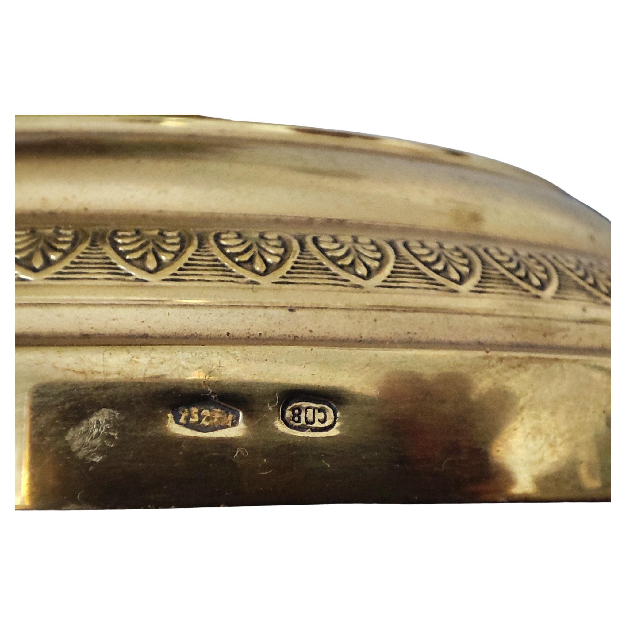 Coppia di candelabri a due fiamme in argento massiccio 800 e Malachite. 
Argenteria artistica italiana, Fabbrica Argenteria Fiorentina,
come si legge dalla bollatura  Firenze seconda metà del XX secolo
La doratura in vermeil è praticamente intatta