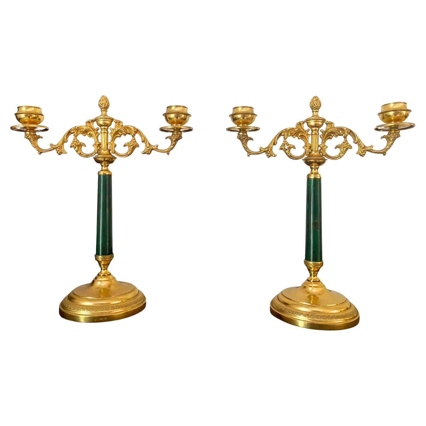 Coppia Candelabri antichi Italiani argento 800 massiccio e Malachite in vendita