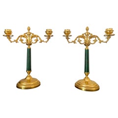 Coppia Candelabri antichi Italiani argento 800 massiccio e Malachite