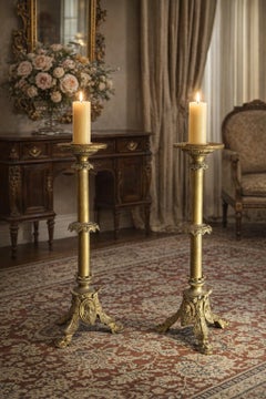Coppia Candelabri d'Altare Antichi in BRONZO Stile Neogotico H 60 cm