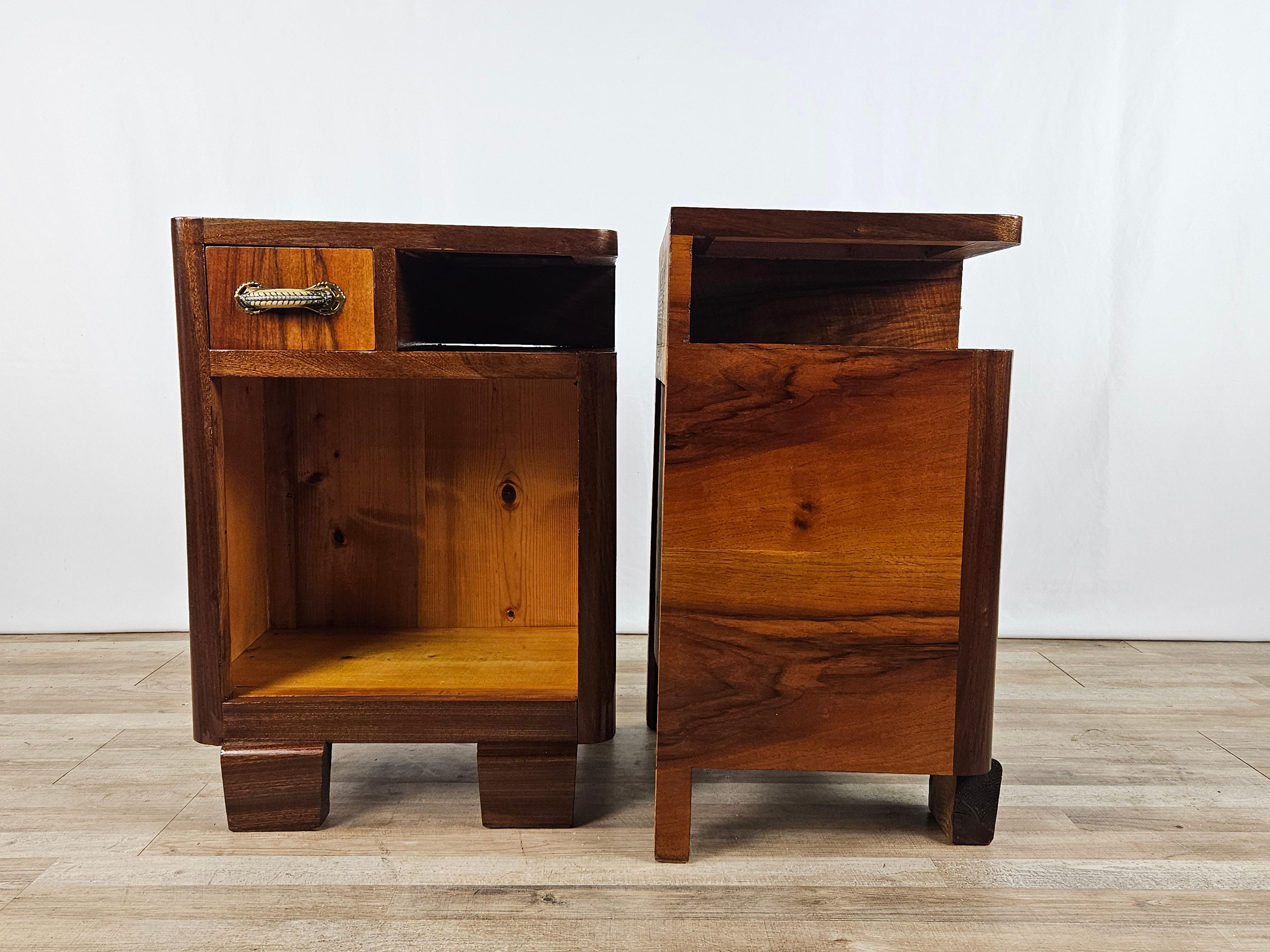 Pair of 1940s bedside tables in walnut burl and mahogany with top drawer and large open space inside.

Nightstands are positional anywhere because of their modern and functional design.

Polished with oil and shellac.