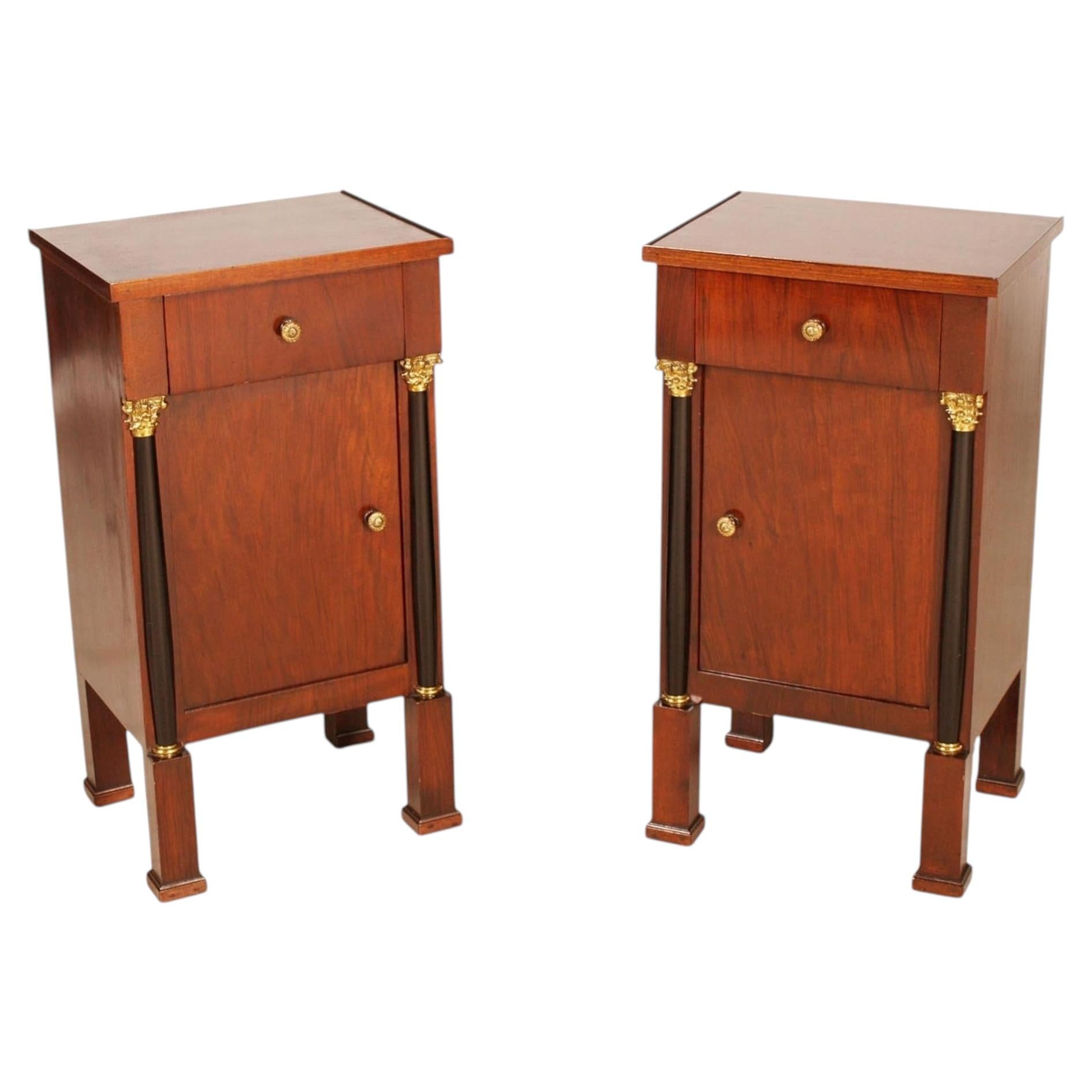 Pair of Italian Walnut Bedside Tables, Wax-Polished, Empire / Neoclassical Style