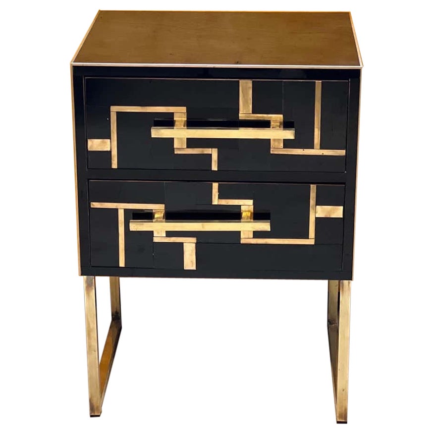 Coppia comodini  legno, vetro nero, intarsio in ottone stile anni 50 in vendita