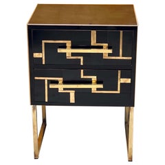 Coppia comodini  legno, vetro nero, intarsio in ottone stile anni 50