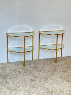 Pair of brass and glass console tables with 2 shelves, "Golden Crescent," 1970s