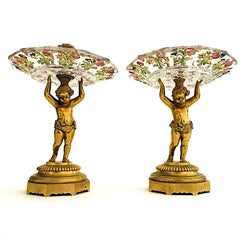 Coppia di Alzate Per Dolci Austriache con Putti Dorati e Cristallo 1870