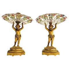 Coppia di Alzate Per Dolci Austriache con Putti Dorati e Cristallo 1870