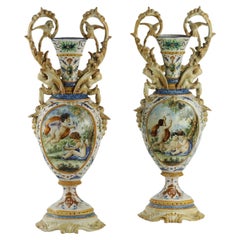 Pair of Amphorae in Maiolica Central Southern Italy Late 19th century
