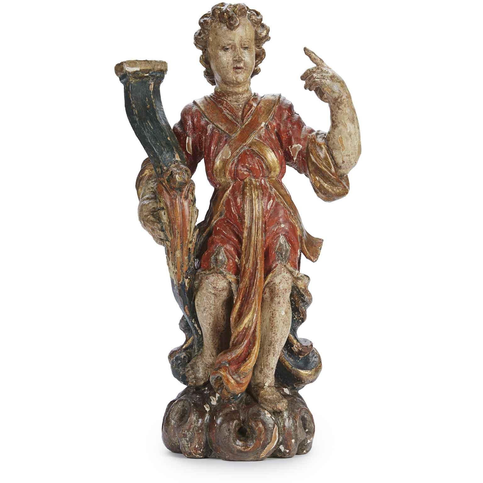 Pair of Carved Lacquered and Gilded Candle Holder Angels Italian Sculptures 1650s For Sale 3