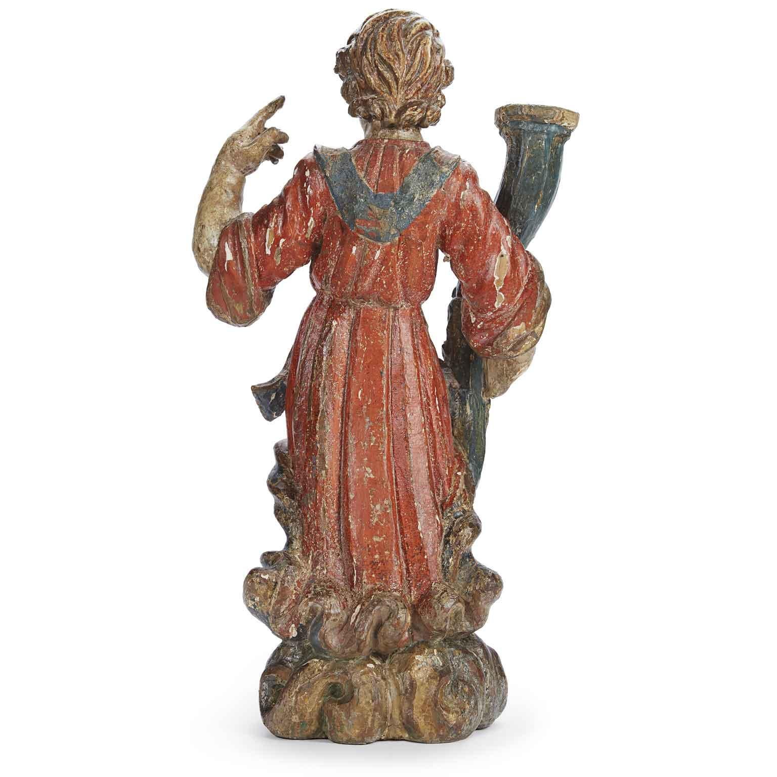 Pair of Carved Lacquered and Gilded Candle Holder Angels Italian Sculptures 1650s For Sale 5
