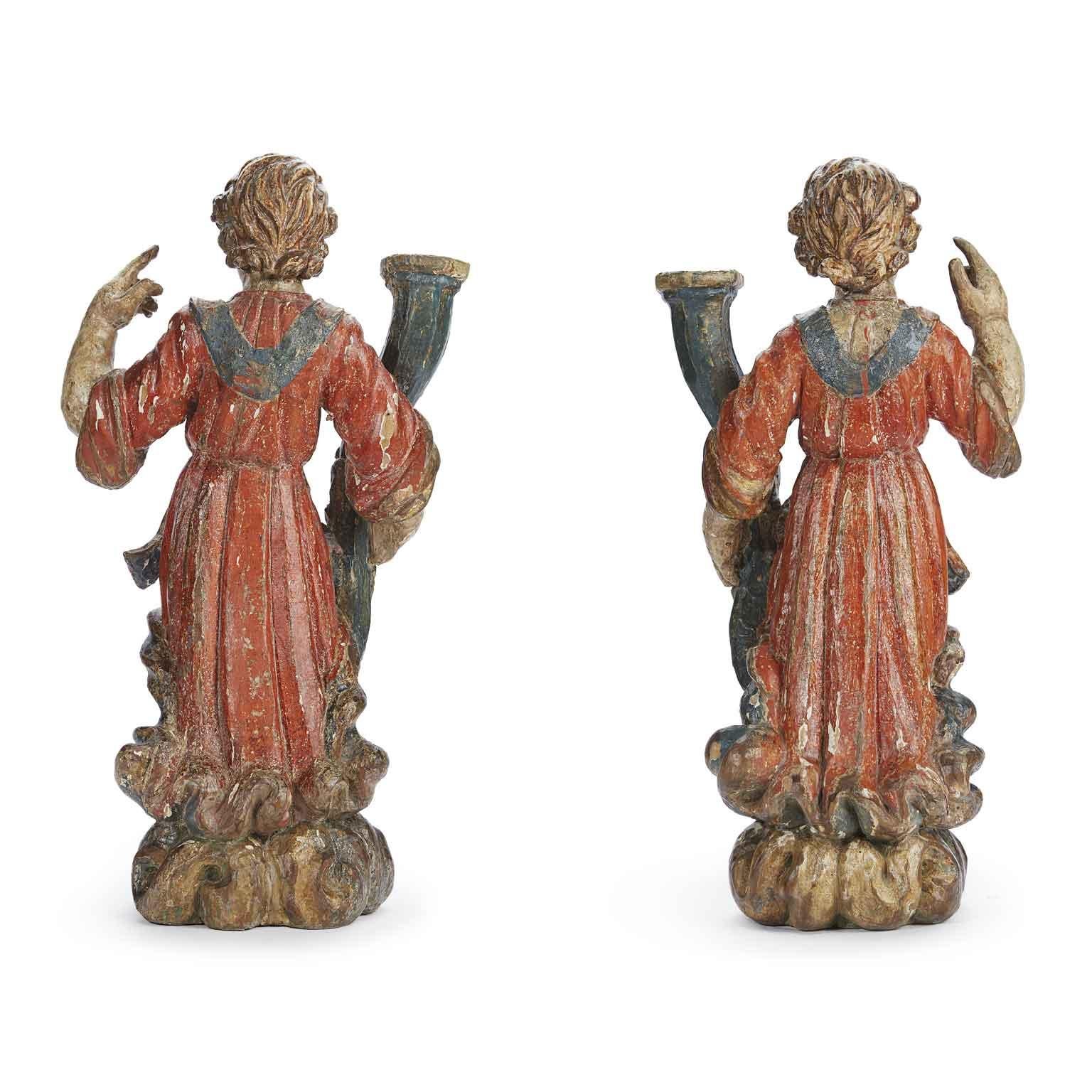 Baroque Pair of Carved Lacquered and Gilded Candle Holder Angels Italian Sculptures 1650s For Sale