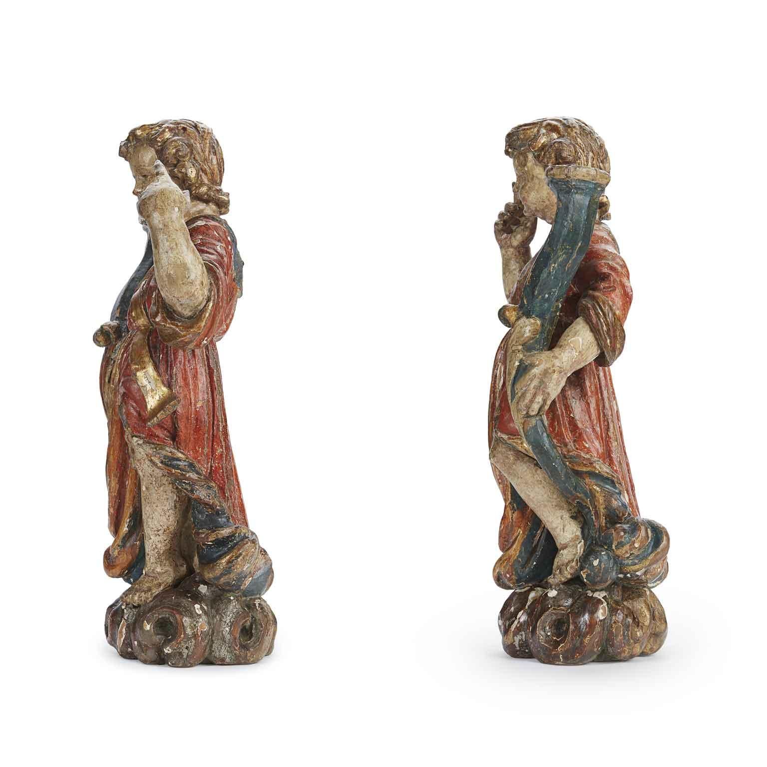 Hand-Carved Pair of Carved Lacquered and Gilded Candle Holder Angels Italian Sculptures 1650s For Sale
