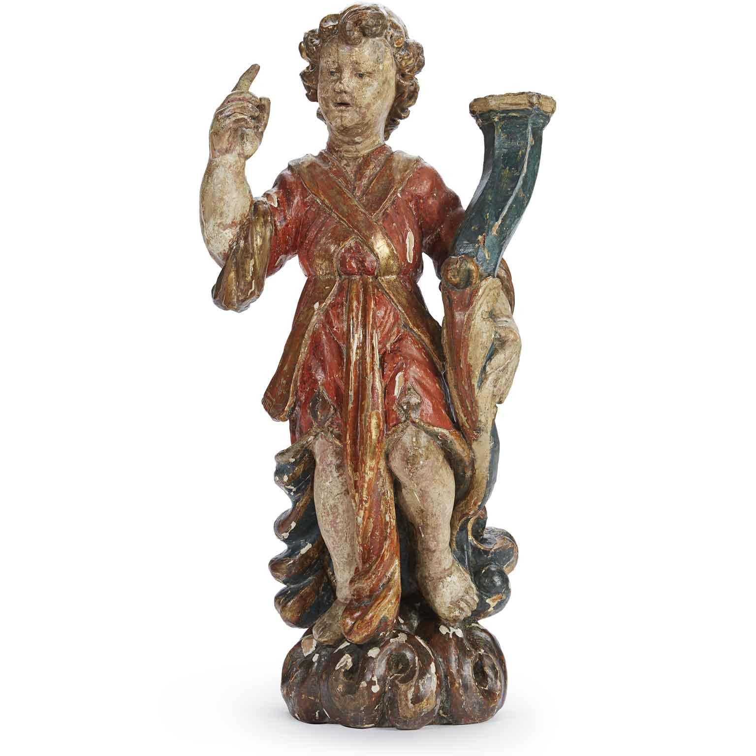 17th Century Pair of Carved Lacquered and Gilded Candle Holder Angels Italian Sculptures 1650s For Sale